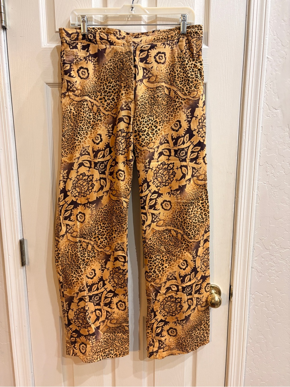 Bold Floral & Leopard Print Wide Leg Pants - Beaded Embroidery - Gold and Black